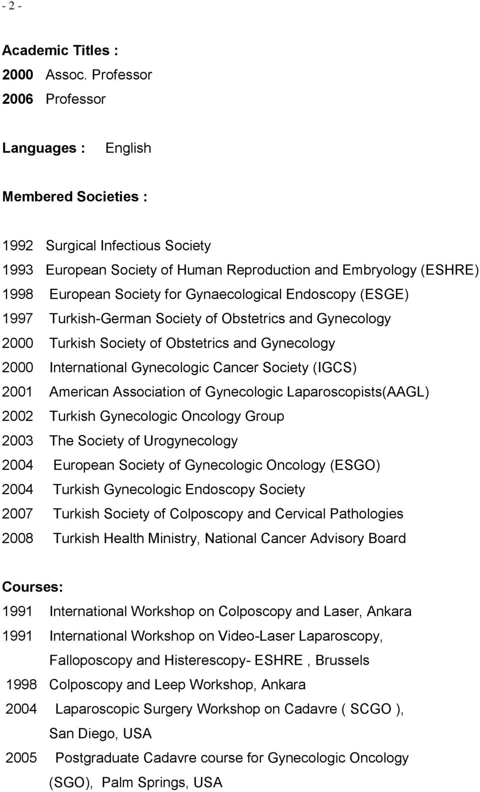 Gynaecological Endoscopy (ESGE) 1997 Turkish-German Society of Obstetrics and Gynecology 2000 Turkish Society of Obstetrics and Gynecology 2000 International Gynecologic Cancer Society (IGCS) 2001