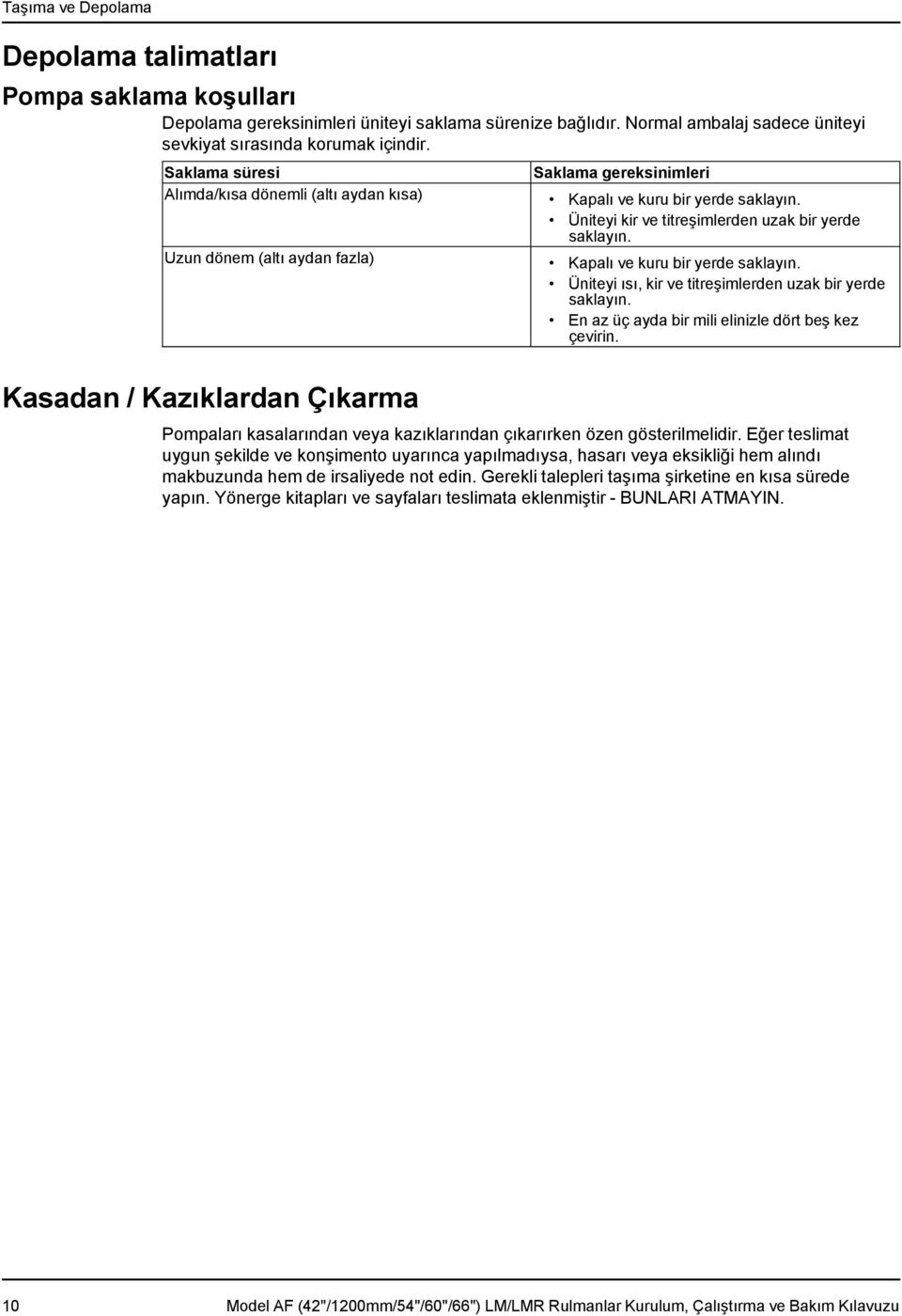 Uzun dönem (altı aydan fazla) Kapalı ve kuru bir yerde saklayın. Üniteyi ısı, kir ve titreşimlerden uzak bir yerde saklayın. En az üç ayda bir mili elinizle dört beş kez çevirin.