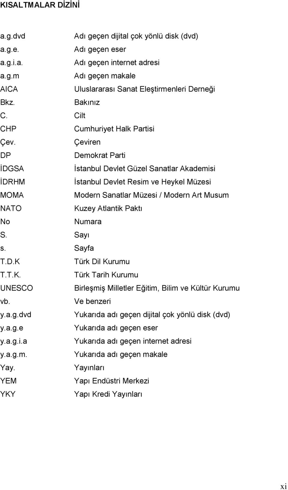 Çeviren DP Demokrat Parti İDGSA İstanbul Devlet Güzel Sanatlar Akademisi İDRHM İstanbul Devlet Resim ve Heykel Müzesi MOMA Modern Sanatlar Müzesi / Modern Art Musum NATO Kuzey Atlantik Paktı No