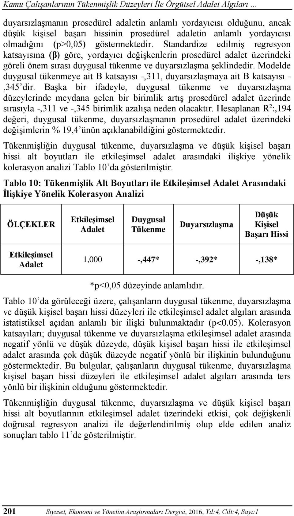 Modelde duygusal tükenmeye ait B katsayısı -,311, duyarsızlaşmaya ait B katsayısı -,345 dir.