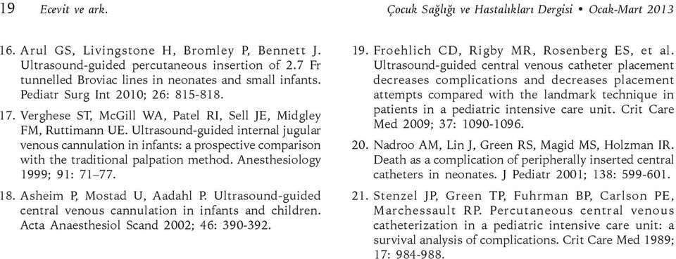 Ultrasound-guided internal jugular venous cannulation in infants: a prospective comparison with the traditional palpation method. Anesthesiology 1999; 91: 71 77. 18. Asheim P, Mostad U, Aadahl P.