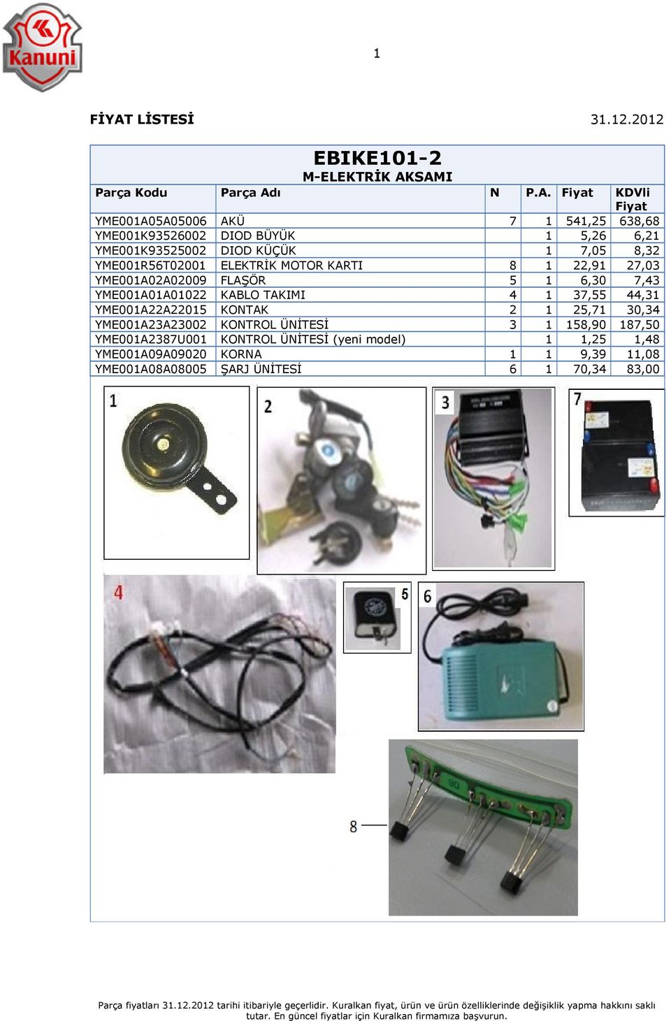 7,05 8,32 YME001R56T02001 ELEKTRİK MOTOR KARTI 8 1 22,91 27,03 YME001A02A02009 FLAŞÖR 5 1 6,30 7,43 YME001A01A01022 KABLO TAKIMI 4