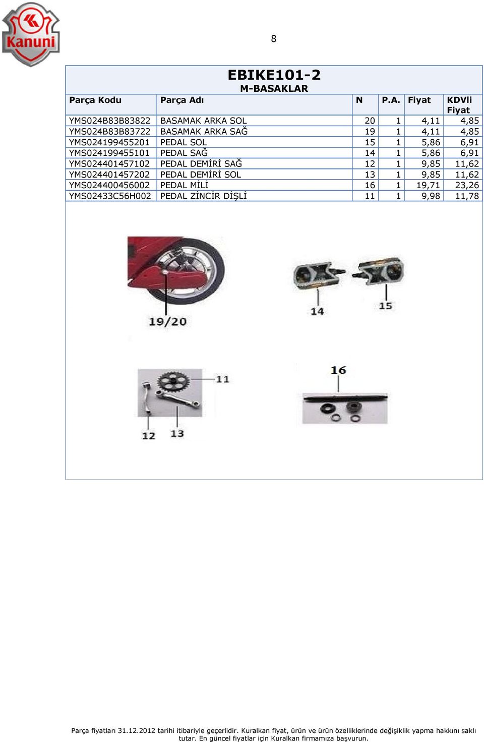 6,91 YMS024401457102 PEDAL DEMİRİ SAĞ 12 1 9,85 11,62 YMS024401457202 PEDAL DEMİRİ SOL 13 1