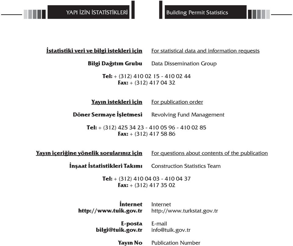 417 58 86 Yayın içeriğine yönelik sorularınız için İnşaat İstatistikleri Takımı For questions about contents of the publication Construction Statistics Team Tel: + (312) 410 04 03-410 04 37 Fax: +