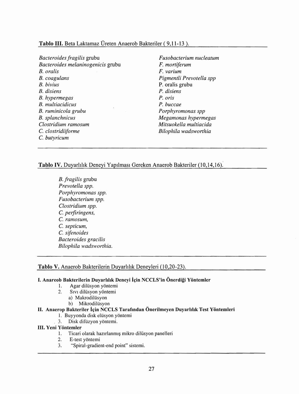 disiens P. oris P. buccae Porphyromonas spp Megamonas hypermegas Mitsuokella multiacida Bilophila wadsworthia Tablo IV. Duyarhhk Deneyi Yaplimasl Gereken Anaerob Bakteriler (10,14,16): B.