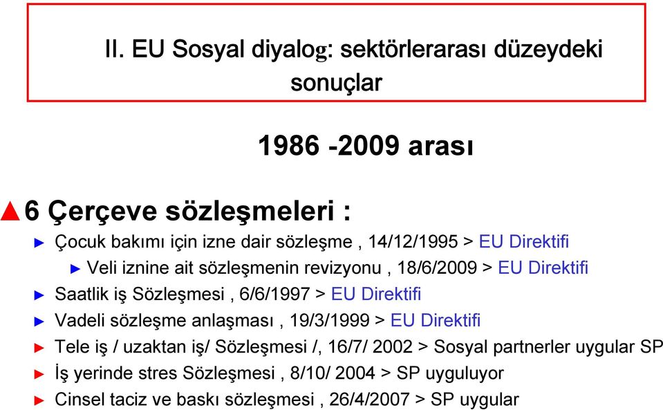 6/6/1997 > EU Direktifi Vadeli sözleşme anlaşması, 19/3/1999 > EU Direktifi Tele iş / uzaktan iş/ Sözleşmesi /, 16/7/ 2002 >