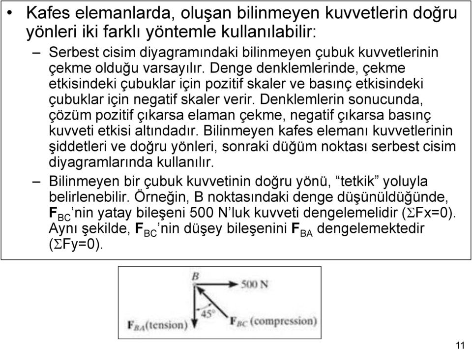 Denklemlerin sonucunda, çözüm pozitif çıkarsa elaman çekme, negatif çıkarsa basınç kuvveti etkisi altındadır.