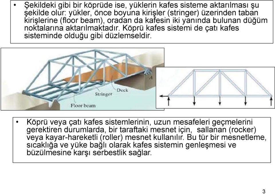 Köprü kafes sistemi de çatı kafes sisteminde olduğu gibi düzlemseldir.