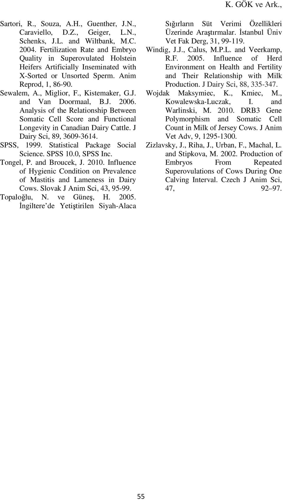 and Van Doormaal, B.J. 2006. Analysis of the Relationship Between Somatic Cell Score and Functional Longevity in Canadian Dairy Cattle. J Dairy Sci, 89, 3609-3614. SPSS, 1999.