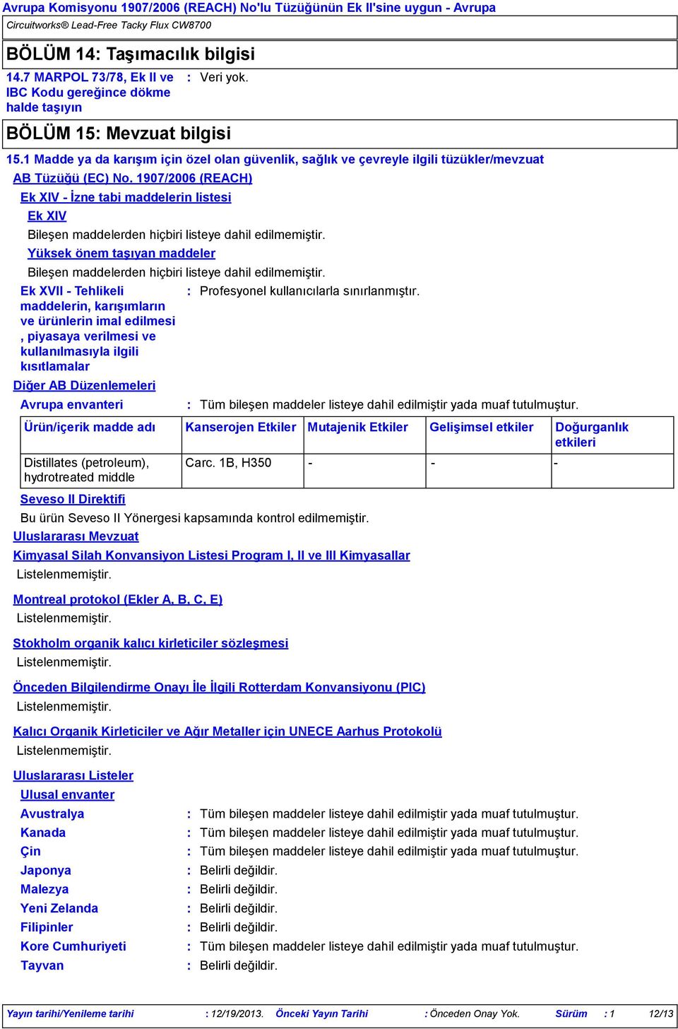 1907/2006 (REACH) Ek XIV İzne tabi maddelerin listesi Ek XIV Bileşen maddelerden hiçbiri listeye dahil edilmemiştir.