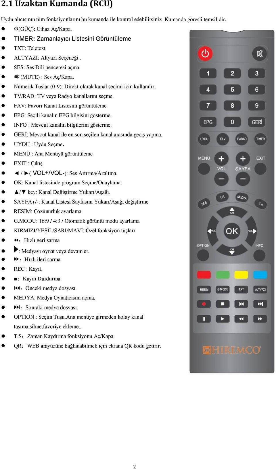 TV/RAD: TV veya Radyo kanallarını seçme. FAV: Favori Kanal Listesini görüntüleme EPG: Seçili kanalın EPG bilgisini gösterme. INFO : Mevcut kanalın bilgilerini gösterme.