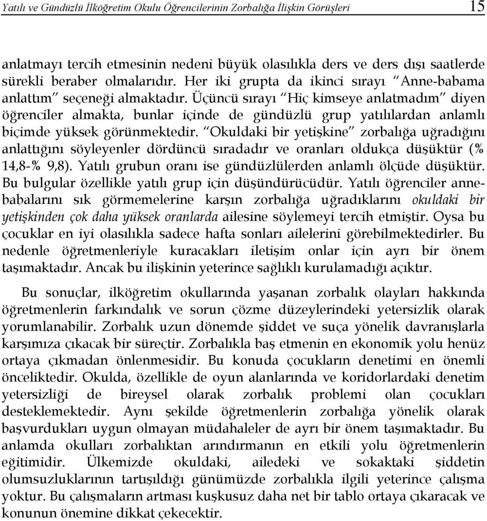 Üçüncü sırayı Hiç kimseye anlatmadım diyen öğrenciler almakta, bunlar içinde de gündüzlü grup yatılılardan anlamlı biçimde yüksek görünmektedir.