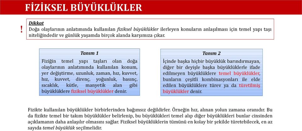 Tanım 1 Fiziğin temel yapı taşları olan doğa olaylarının anlatımında kullanılan konum, yer değiştirme, uzunluk, zaman, hız, kuvvet, hız, kuvvet, direnç, yoğunluk, basınç, sıcaklık, kütle, manyetik