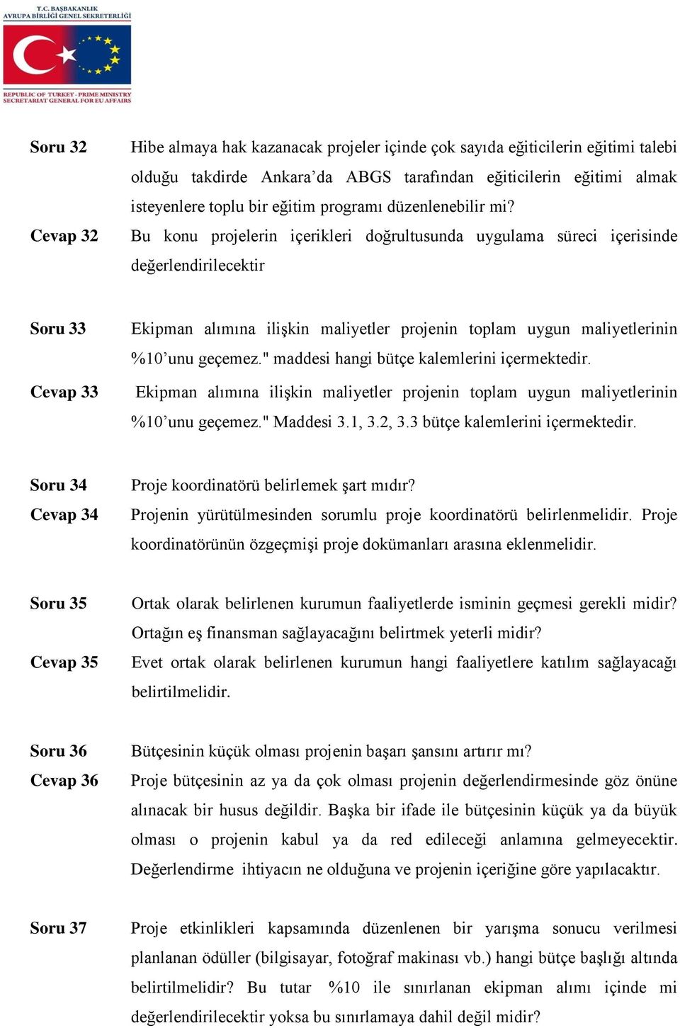 Bu konu projelerin içerikleri doğrultusunda uygulama süreci içerisinde değerlendirilecektir Soru 33 Cevap 33 Ekipman alımına ilişkin maliyetler projenin toplam uygun maliyetlerinin %10 unu geçemez.