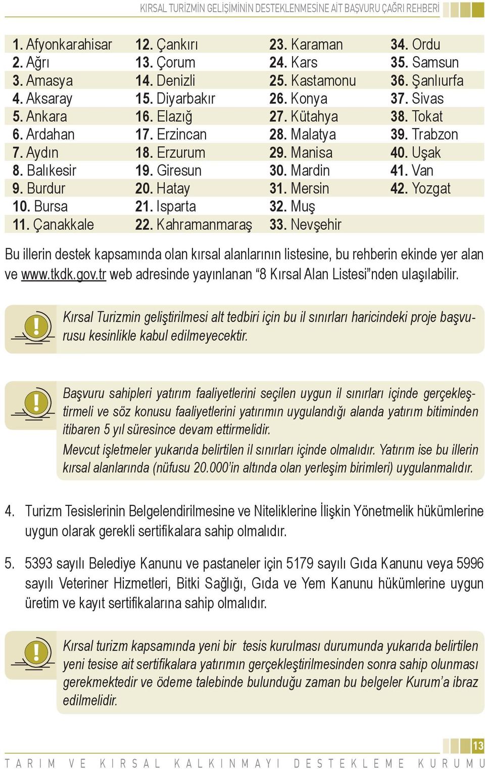 Yozgat 10. Bursa 21. Isparta 32. Muş 11. Çanakkale 22. Kahramanmaraş 33. Nevşehir Bu illerin destek kapsamında olan kırsal alanlarının listesine, bu rehberin ekinde yer alan ve www.tkdk.gov.