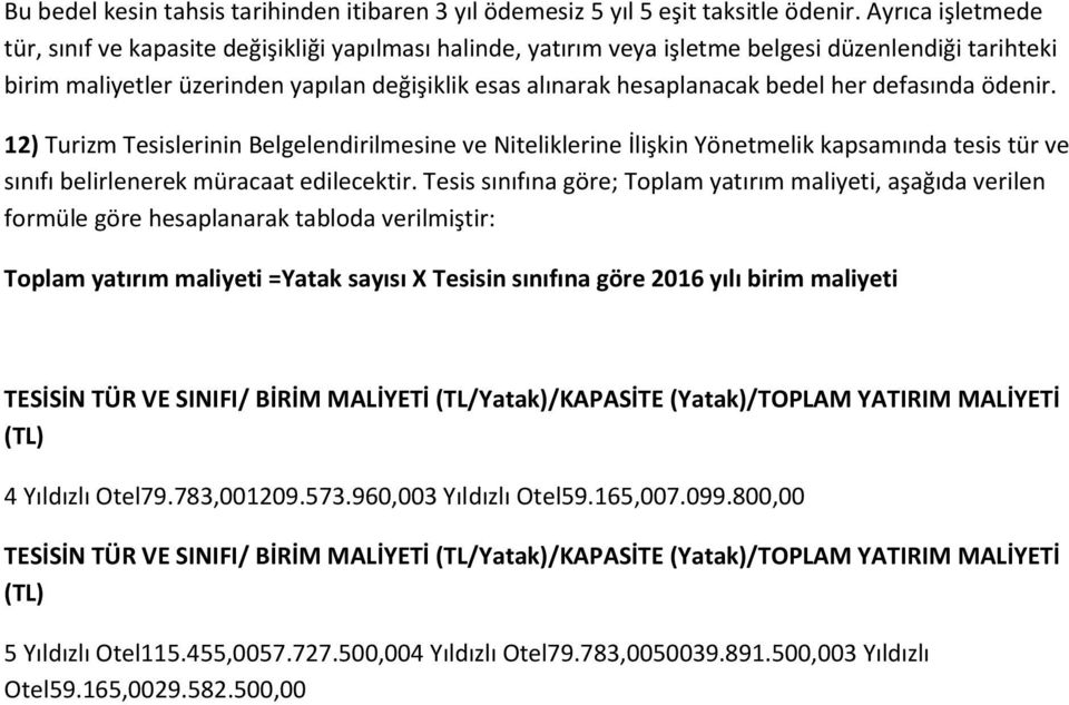 bedel her defasında ödenir. 12) Turizm Tesislerinin Belgelendirilmesine ve Niteliklerine İlişkin Yönetmelik kapsamında tesis tür ve sınıfı belirlenerek müracaat edilecektir.