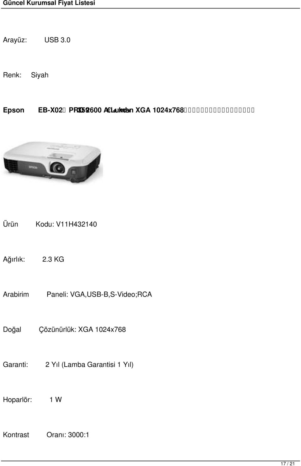 3 KG Arabirim Paneli: VGA,USB-B,S-Video;RCA Doğal Çözünürlük: XGA