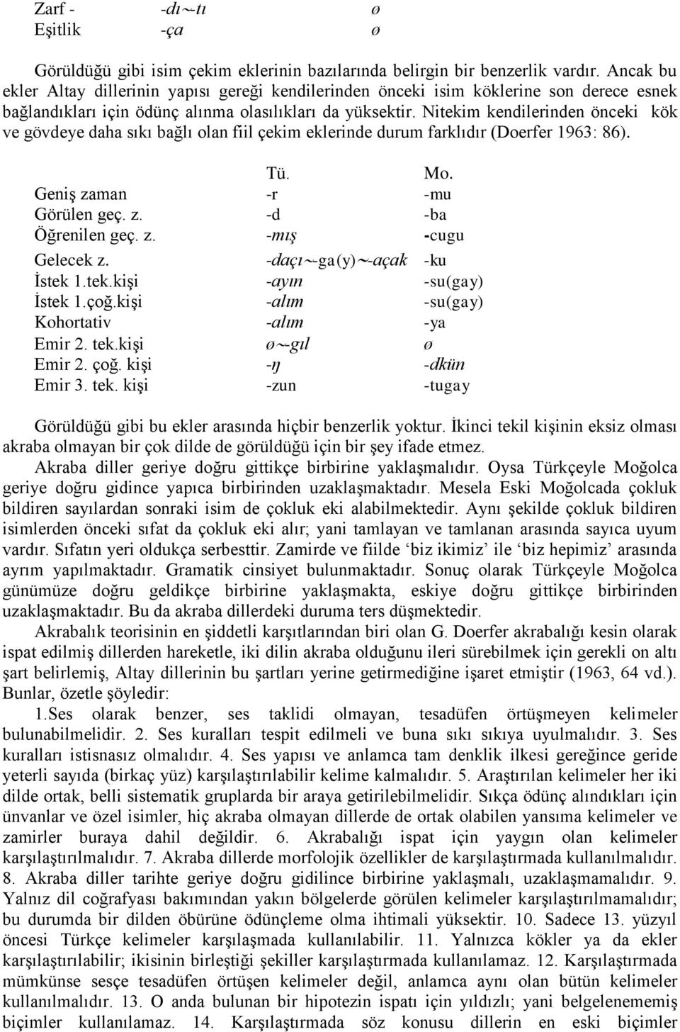 Nitekim kendilerinden önceki kök ve gövdeye daha sıkı bağlı olan fiil çekim eklerinde durum farklıdır (Doerfer 1963: 86). Tü. Mo. Geniş zaman -r -mu Görülen geç. z. -d -ba Öğrenilen geç. z. -mış -cugu Gelecek z.