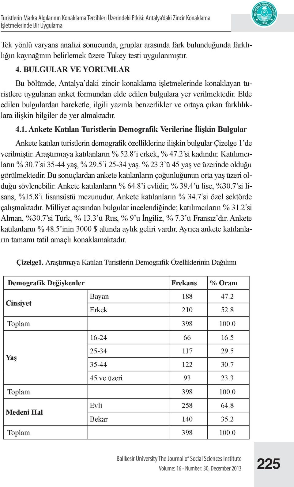 BULGULAR VE YORUMLAR Bu bölümde, Antalya daki zincir konaklama işletmelerinde konaklayan turistlere uygulanan anket formundan elde edilen bulgulara yer verilmektedir.