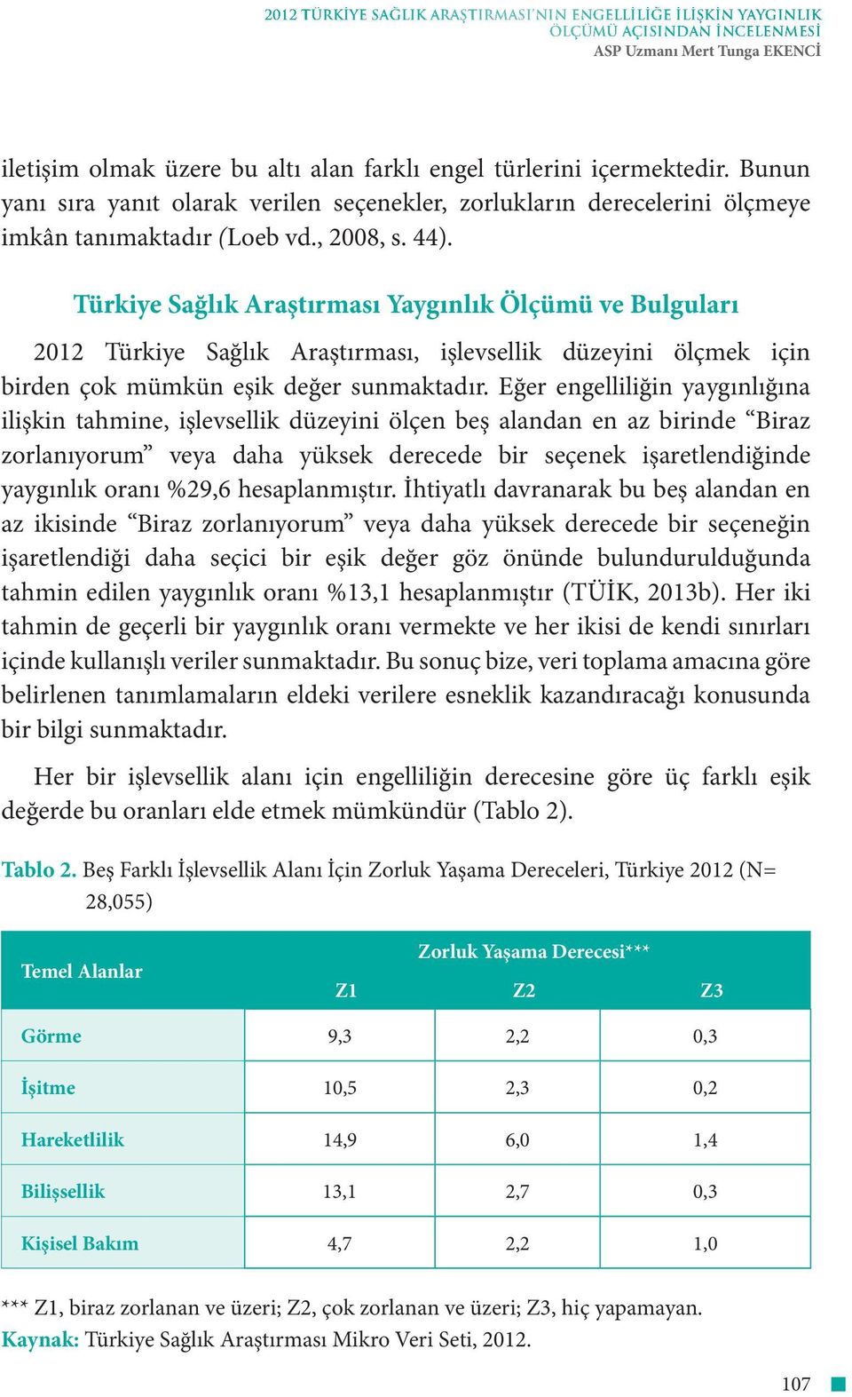 Türkiye Sağlık Araştırması Yaygınlık Ölçümü ve Bulguları 2012 Türkiye Sağlık Araştırması, işlevsellik düzeyini ölçmek için birden çok mümkün eşik değer sunmaktadır.