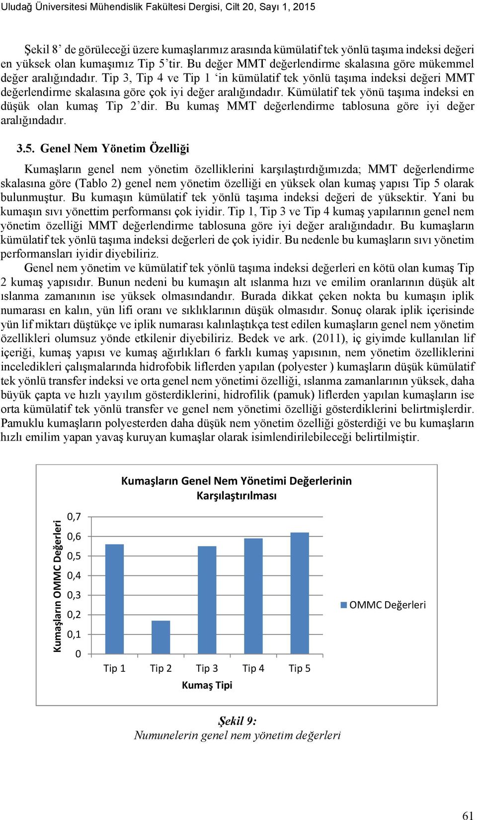 Kümülatif tek yönü taşıma indeksi en düşük olan kumaş Tip 2 dir. Bu kumaş MMT değerlendirme tablosuna göre iyi değer aralığındadır. 3.5.