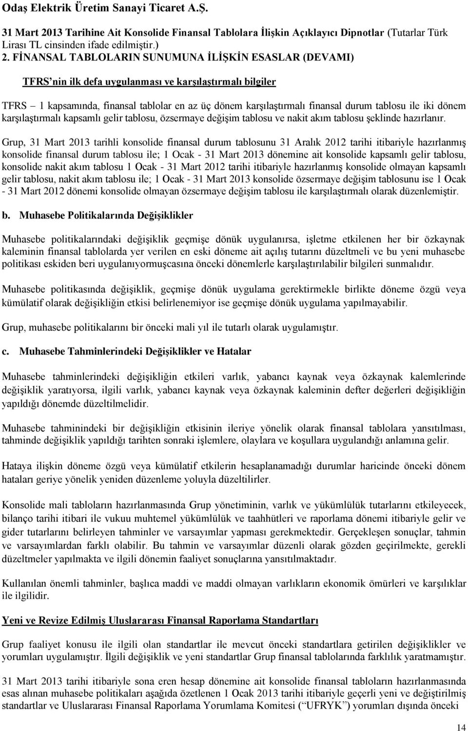 tablosu ile iki dönem karşılaştırmalı kapsamlı gelir tablosu, özsermaye değişim tablosu ve nakit akım tablosu şeklinde hazırlanır.