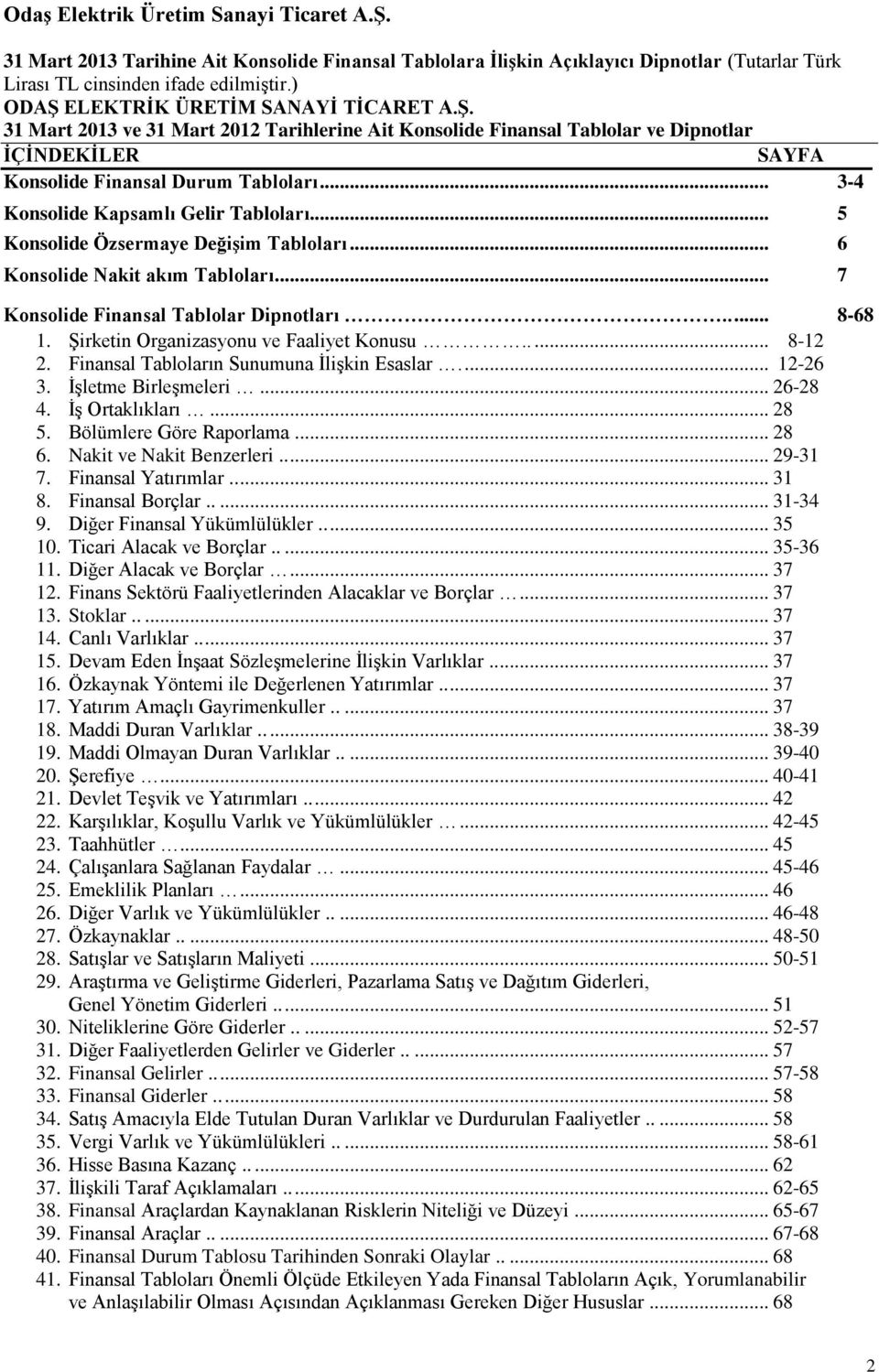 .. 3-4 Konsolide Kapsamlı Gelir Tabloları... 5 Konsolide Özsermaye Değişim Tabloları... 6 Konsolide Nakit akım Tabloları... 7 Konsolide Finansal Tablolar Dipnotları..... 8-68 1.