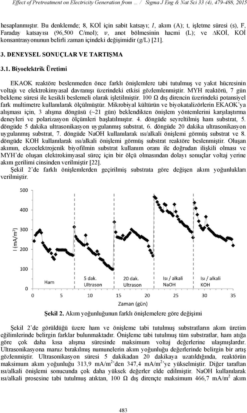 değişimidir (g/l) [21]. 3. DENEYSEL SONUÇLAR VE TARTIŞMA 3.1. Biyoelektrik Üretimi EKAOK reaktöre beslenmeden önce farklı önişlemlere tabi tutulmuş ve yakıt hücresinin voltajı ve elektrokimyasal davranışı üzerindeki etkisi gözlemlenmiştir.