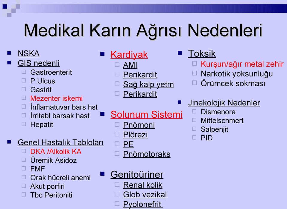 Asidoz FMF Orak hücreli anemi Akut porfiri Tbc Peritoniti Kardiyak AMI Perikardit Sağ kalp yetm Perikardit Solunum Sistemi Pnömoni