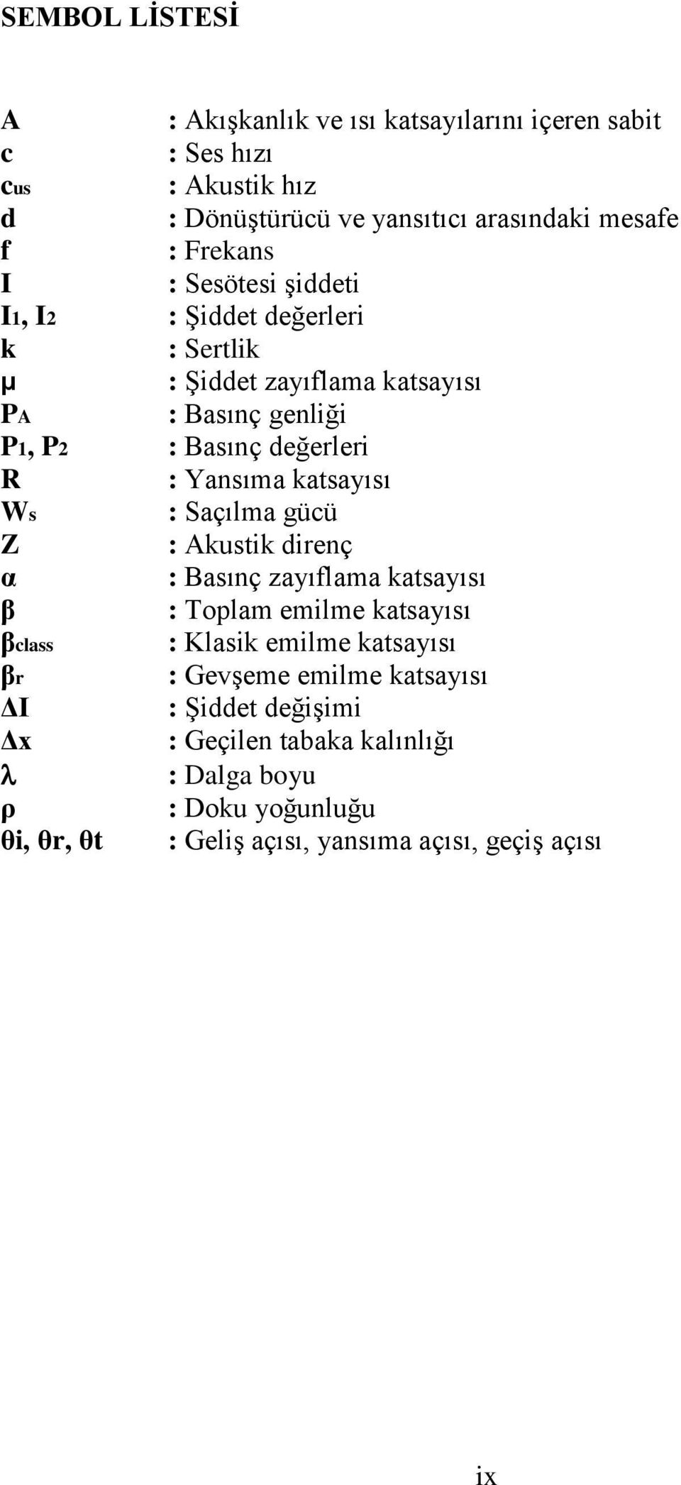 Yansıma katsayısı Ws : Saçılma gücü Z : Akustik direnç α : Basınç zayıflama katsayısı β : Toplam emilme katsayısı βclass : Klasik emilme katsayısı βr :