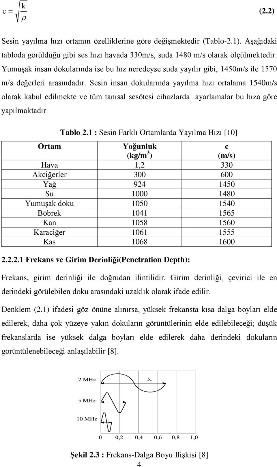 Sesin insan dokularında yayılma hızı ortalama 1540m/s olarak kabul edilmekte ve tüm tanısal sesötesi cihazlarda ayarlamalar bu hıza göre yapılmaktadır. Tablo 2.