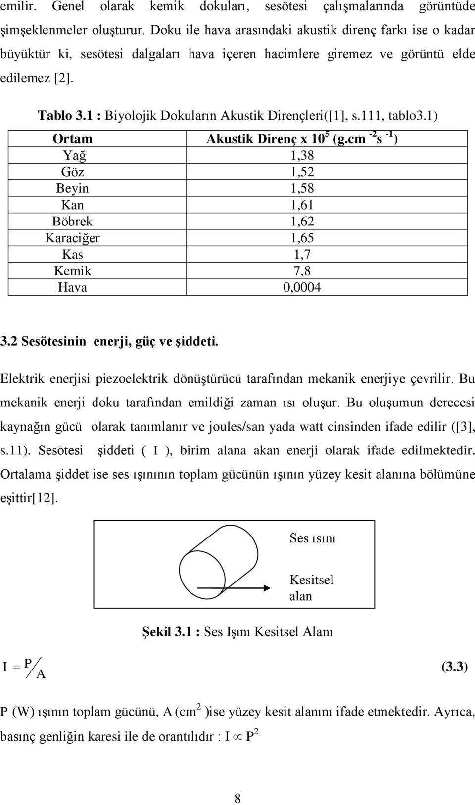 1 : Biyolojik Dokuların Akustik Dirençleri([1], s.111, tablo3.1) Ortam Akustik Direnç x 10 5 (g.