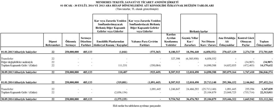 Diğer Kapsamlı Gelirler veya Giderler Yabancı Para Çevirim Farkları Kardan Ayrılan Kısıtlanmış Yedekler Birikmiş karlar Geçmiş Yıllar Kar / Zararları Net Dönem Karı / Zararı Ana Ortaklığa Ait