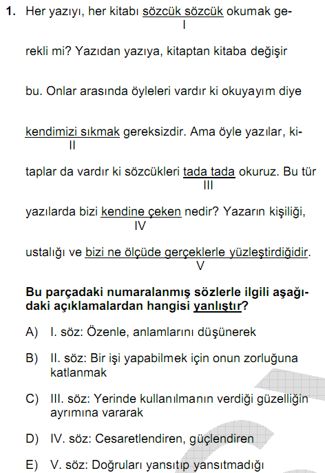 105 KPSS GENEL YETENEK TESTİNDE CİNSİYETE GÖRE YANLILIK GÖSTEREN MADDELER SÖZEL TEST Yandaki madde aşağıda verilen konu alanlarından hangisini ölçmektedir? İşaretleyiniz.