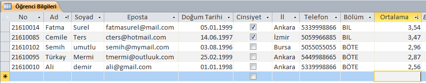 Şekil 2. Ad alanına göre sıralanmış hali Benzer biçimde, en yüksek ortalamaya sahip öğrenci kim? sorusuna cevap almak için tablo, Ortalama alanına göre büyükten küçüğe sıralanmak istenebilir.