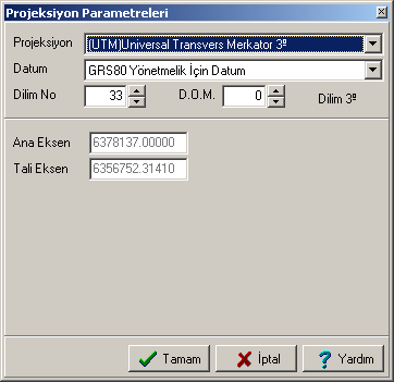 Açõlan Projeksiyon Parametreleri penceresinden Projeksiyon kutusunun sonunda yer alan ok butonuna basõlarak açõlan menüden yeni projeksiyon türü seçilir.