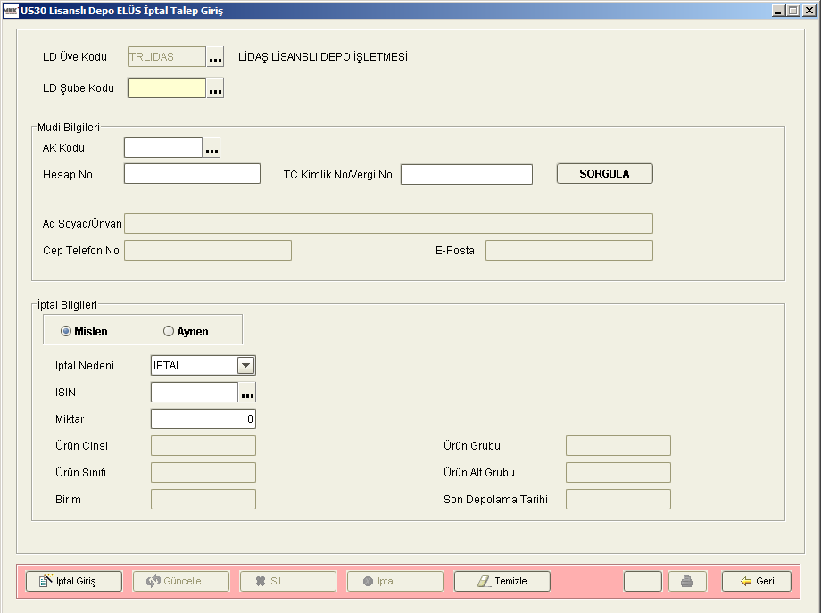LD Şube Kodu alanına şube kodu girilir. Enter a basıldığında şube adı görüntülenir. AK Kodu alanına Eletronik Ürün Senedi(ELÜS) nin iptalinin yapılacağı aracı kuruluş girilir.