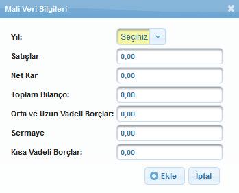 Mali Veri Bilgileri Penceresi Mali Veri Bilgileri formunda yer alan Yıl alanı açılır menüsü kurum/kuruluşun kuruluş tarihine göre Sistem e girilmesi gereken mali veri yıllarını gösterir.