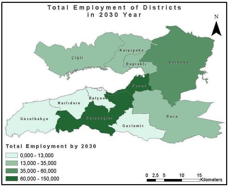 Çizelge 4: 2002 yılı itibariyle her ilçenin karşılaştırmalı işgücü değerleri (Kaynak: Partigöç, 2011) Çizelge 5: 2030 yılı itibariyle her ilçenin karşılaştırmalı işgücü değerleri (Kaynak: Partigöç,