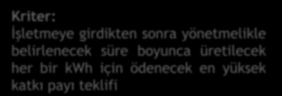 Kriter: İşletmeye girdikten sonra yönetmelikle belirlenecek süre boyunca üretilecek her bir kwh için ödenecek en yüksek katkı payı teklifi EPDK