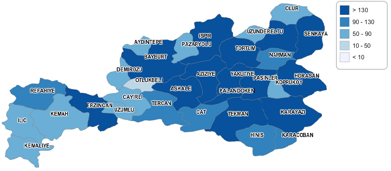 3,47 ile Türkiye ortalamasına yakın bir değere sahiptir. Erzincan da ise bu oran yüzbinde 4,57 dir (Tablo 24). Tablo 24.