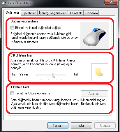 Fare Özellikleri menüsünü açtığınızda karşınıza ilk olarak Düğmeler sekmesi altında yer alan seçenekler gelecektir. Düğmeler sekmesinin altında fare ile ilgili 3 önemli değişiklik bulunmaktadır.