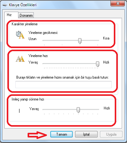 Klavye yazısına tıkladığınızda karşınıza, Klavye Özellikleri menüsü gelecektir.