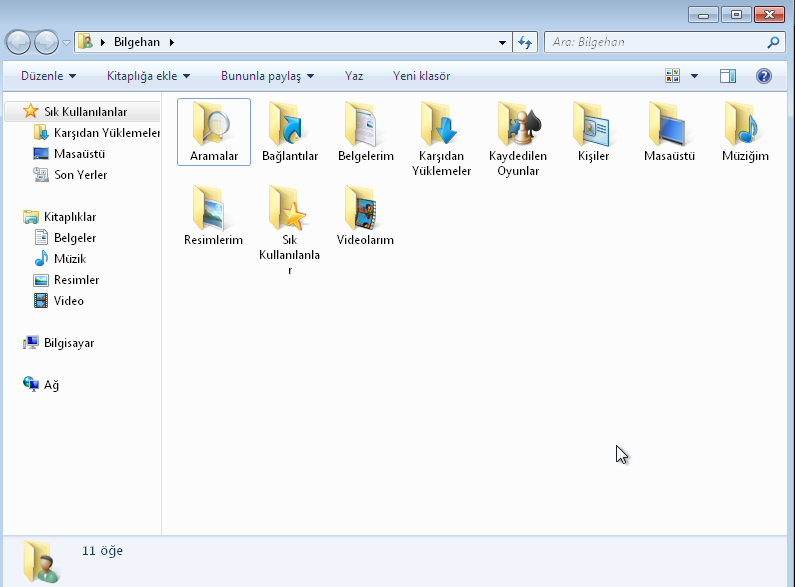 Belgeler düğmesine tıklandığında Kitaplık altında bulunan kişisel belgelerimizin tutulduğu Belgeler klasörüne ulaşılabilir.