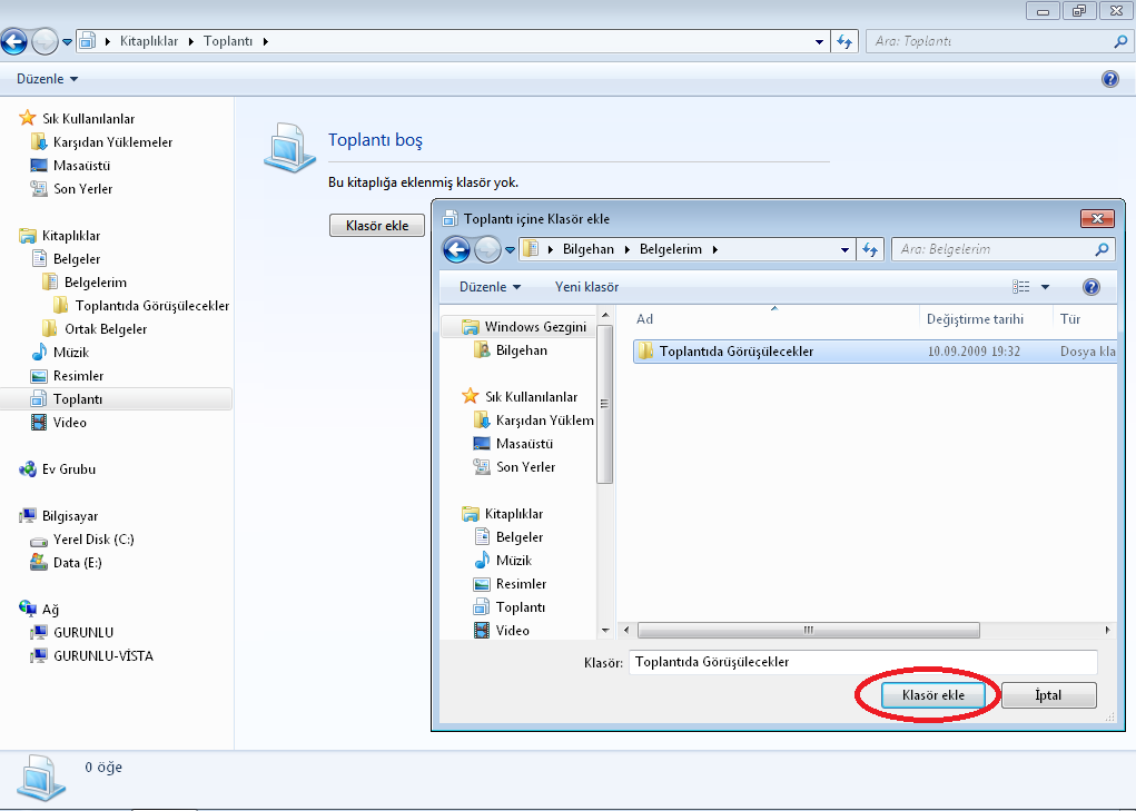 Klasör ekle düğmesine tıkladığımızda karşımıza Kitaplığımıza ekleyeceğimiz klasörleri seçebilmemiz için, Kullanıcı Klasörümüz altında bulunan alt Klasörler gelecektir.