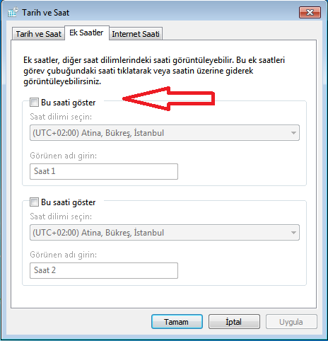 Bildirim alanında ki tarih ve saat alanında Türkiye dışındaki 2 ülkeye ait tarih ve saat bilgilerini düzenlemek için yukarda görülen Tarih ve Saat menüsünün Ek Saatler sekmesini seçiyoruz.