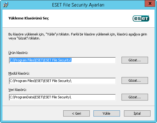 Tam - Bu, önerilen yükleme türüdür. Tüm ESET File Security özelliklerini yükler. Çekirdek - Bu yükleme türü, Windows Server Çekirdeği yayın sürümleri için tasarlanmıştır.