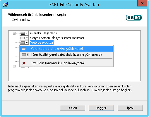 Bileşen modifikasyonu (Ekleme/Kaldırma) işlemi, Onarma ve Kaldırma: Kullanılabilir 3 seçenek vardır: Yüklenen bileşenleri değiştirebilir, ESET File Security yüklemenizi Onarabilir veya tamamen