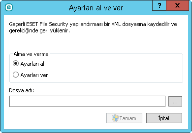 7.5.4 Ayarları içe ve dışa aktarma ESET File Security ürününün yapılandırmasını içe ve dışa aktarma, Ayarlar altında, İçe/Dışa Aktarma ayarları'nı tıklatarak gerçekleştirilebilir.