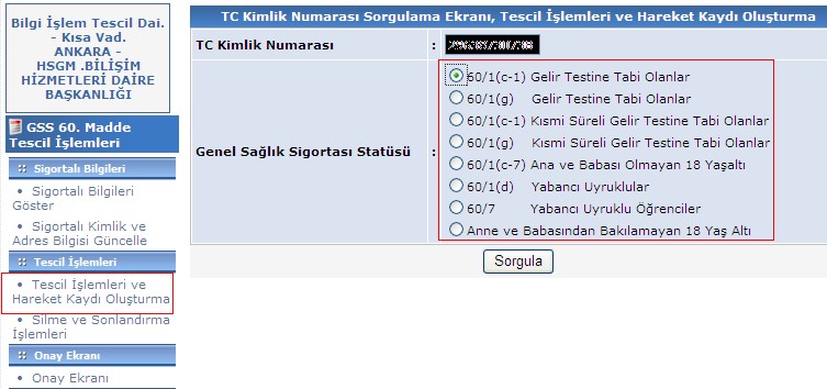 Resen Tescil Listele/Tebligat Güncelleme: Sistem tarafından re sen tescil edilen kişilerin listelendiği menüdür.